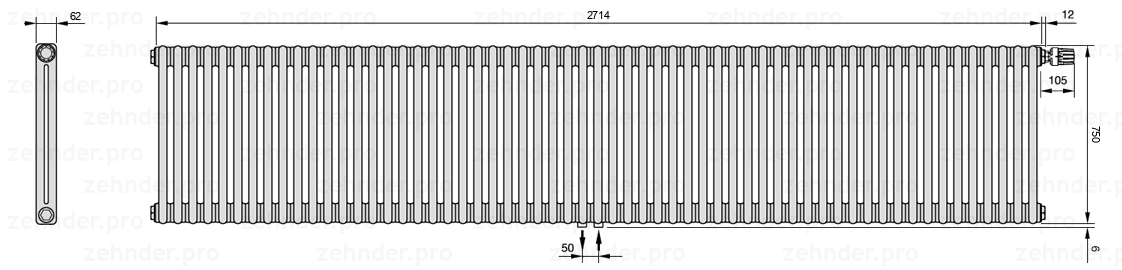 Схема (чертеж) Радиатор Zehnder Charleston 2075/59 №V008 Белый глянцевый RAL 9016